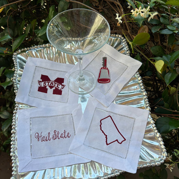 EMBROIDERED MS STATE COCKTAIL NAPKINS S/4