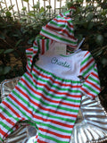 EMBROIDERED KNIT ROMPER & CAP SET CHRISTMAS STRIPE