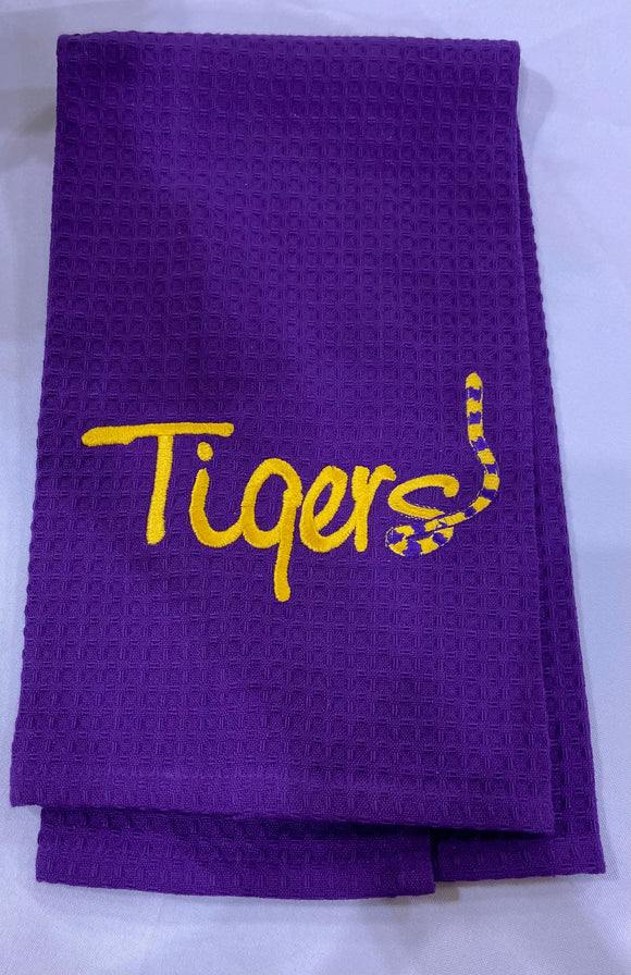 EMBROIDERED TIGERS PURPLE WAFFLE TOWEL