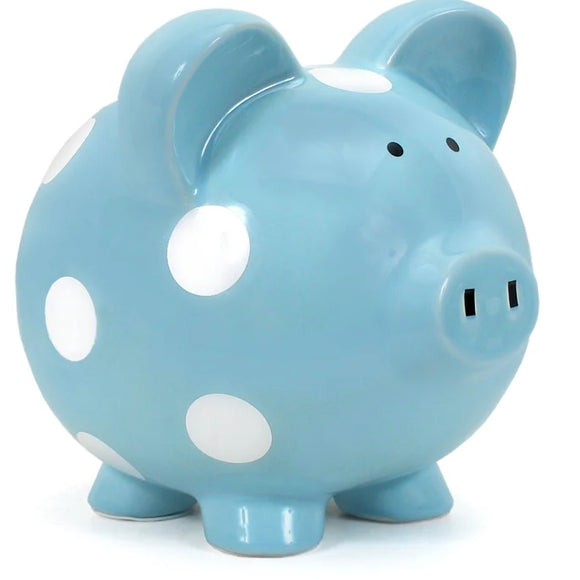 CERAMIC PIGGY BANK BLUE WITH WHITE DOTS