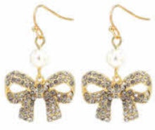 RHINESTONE GOLD BOW PEARL EARRINGS