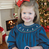 SMOCKED CHRISTMAS TREES ROUAL BLUE LONG SLEEVE BISHOP