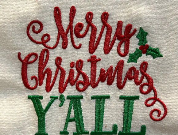 EMBROIDERED MERRY CHRISTMAS Y’ALL KITCHEN TOWEL