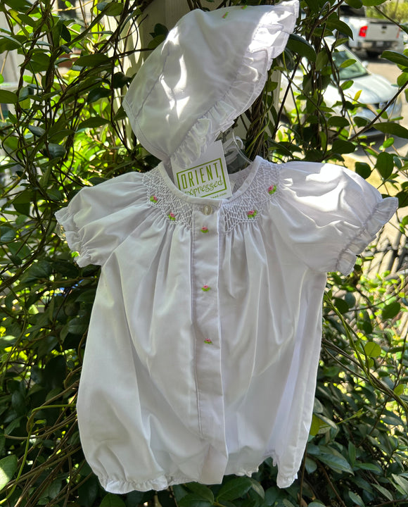 SMOCKED WHITE  BUBBLE WITH BONNET