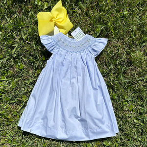SMOCKED LT BLUE WITH ROSETTES ANGEL BISHOP