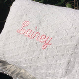 MONOGRAM PILLOW PINK ROSETTES SMOCKED and TUCKED