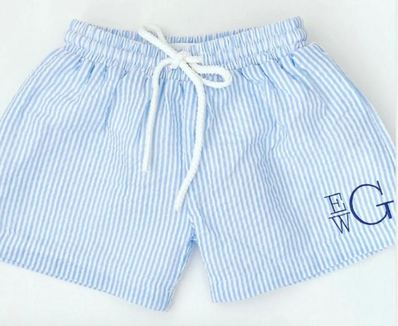 MONOGRAM BLUE SEERSUCKER SWIM TRUNKS