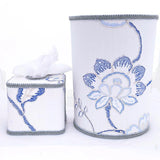 2 PC SET IVORY/BLUE WASTE BASKET & TISSUE BOX