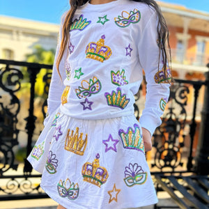 MARDI GRAS CROWN SEQUIN GIRLS KNIT SKORT