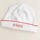 MONOGRAM LAYETTE WHITE CAP RED PICOT TRIM