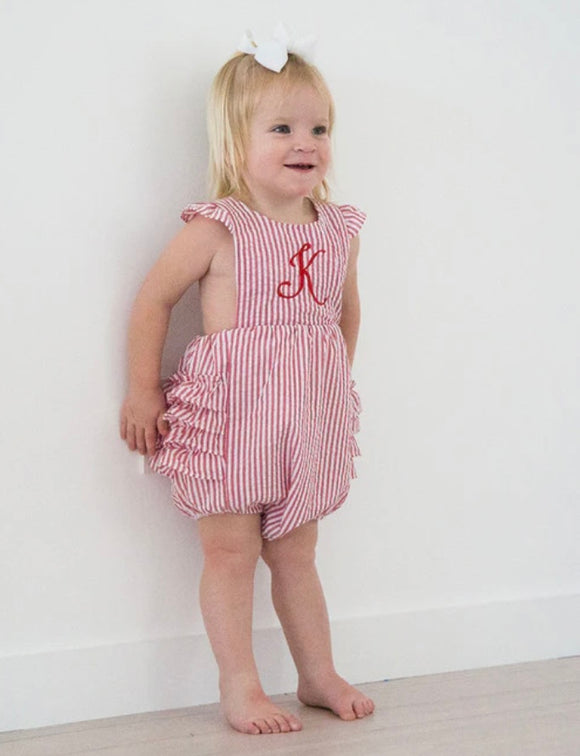 MONOGRAM RED RUFFLE SEERSUCKER BUBBLE or SUNSUIT