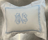 MONOGRAM PILLOW EMBROIDERED BLUE MADEIRA CHAIN FLANGE