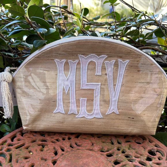 APPLIQUE MONOGRAM DOME TOP ZIP NATURAL SILK COSMETIC BAG