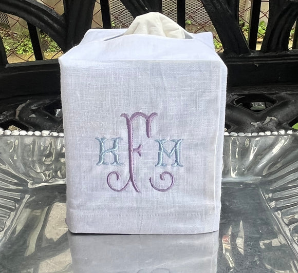 MONOGRAM EMBROIDERED LINEN TISSUE BOX COVER