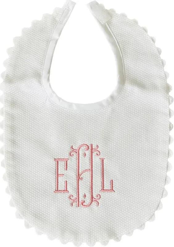 EMBROIDERED MONOGRAM PIQUE BIB WITH RICK RACK