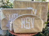 APPLIQUE MONOGRAM DOME TOP ZIP NATURAL SILK COSMETIC BAG