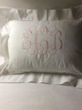 MONOGRAM LINEN WHITE HEMSTITCH PILLOW WITH FLORAL TRIM FLANGE
