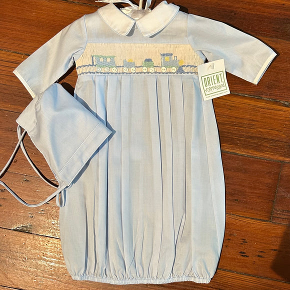 SMOCKED TRAIN GOWN & BONNET BLUE