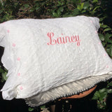 MONOGRAM PILLOW PINK ROSETTES SMOCKED and TUCKED