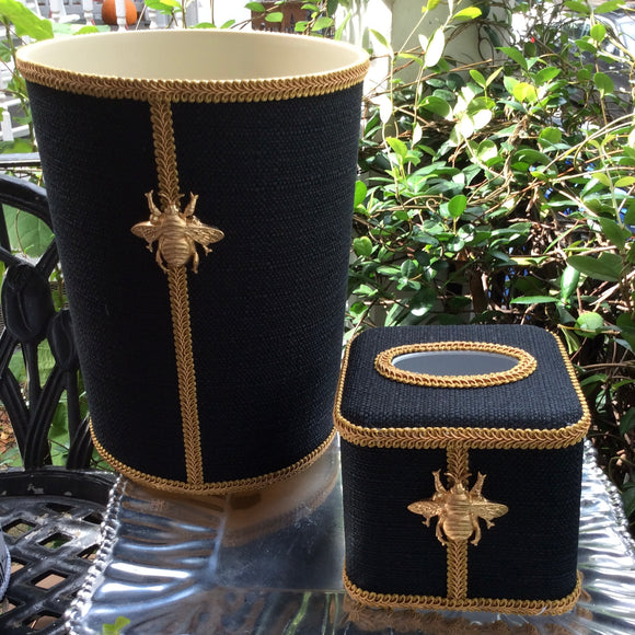 2PC SET BLACK LINEN GOLD BEE WASTE BASKET & TISSUE BOX