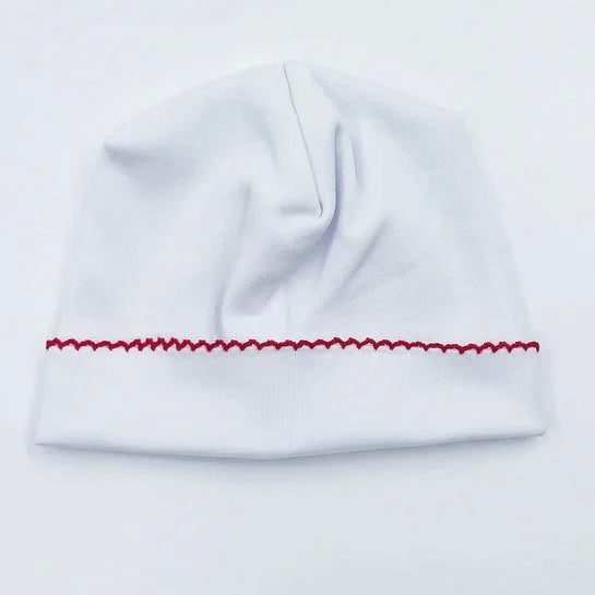MONOGRAM LAYETTE WHITE CAP RED PICOT TRIM