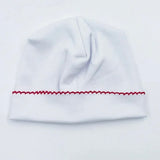 MONOGRAM LAYETTE WHITE CAP RED PICOT TRIM