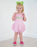 MONOGRAM PINK RUFFLE SEERSUCKER BUBBLE or SUNSUIT