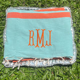 EMBROIDERED MONOGRAM TURKISH BEACH TOWEL AQUA & ORANGE