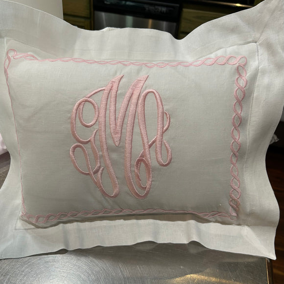 MONOGRAM PILLOW EMBROIDERED PINK MADEIRA CHAIN FLANGE