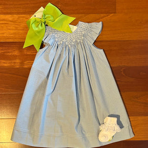 SMOCKED BLUE GINGHAM BISHOP DRESS