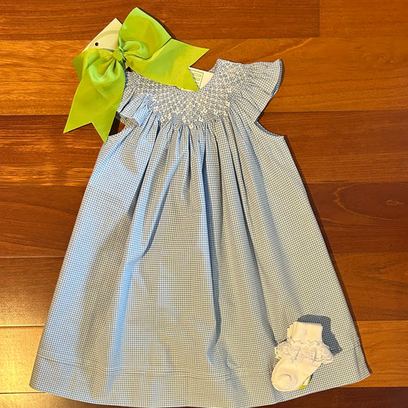 SMOCKED BLUE GINGHAM BISHOP DRESS