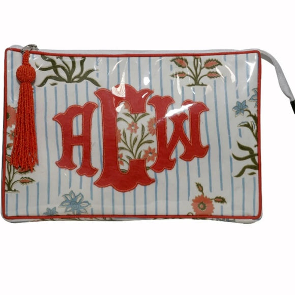 APPLIQUE MONOGRAM STRIPES AND FLOWERS PRINT COSMETIC BAG