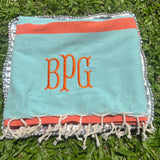 EMBROIDERED MONOGRAM TURKISH BEACH TOWEL AQUA & ORANGE