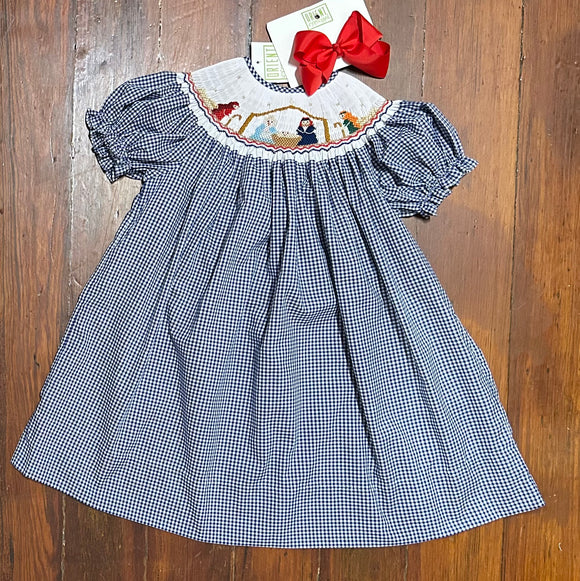 smocked nativity dress SMOCKED NAVY GINGHAM BISHOP NATIVITY DRESS – Orient Expressed
