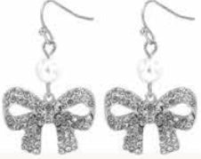 RHINESTONE SILVER BOW PEARL EARRINGS