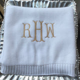 MONOGRAM COTTON KNIT BABY BLANKET WHITE