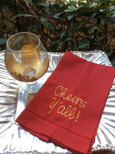 EMBROIDERED CHEERS Y'ALL LINEN GUEST TOWEL