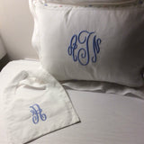 MONOGRAM LINEN WHITE HEMSTITCH PILLOW WITH FLORAL TRIM FLANGE