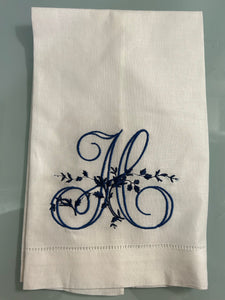 AUDUBON MONOGRAM LINEN GUEST TOWEL WITH HEMSTITCH BORDER