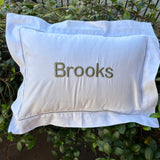 MONOGRAM LINEN WHITE HEMSTITCH PILLOW WITH FLORAL TRIM FLANGE