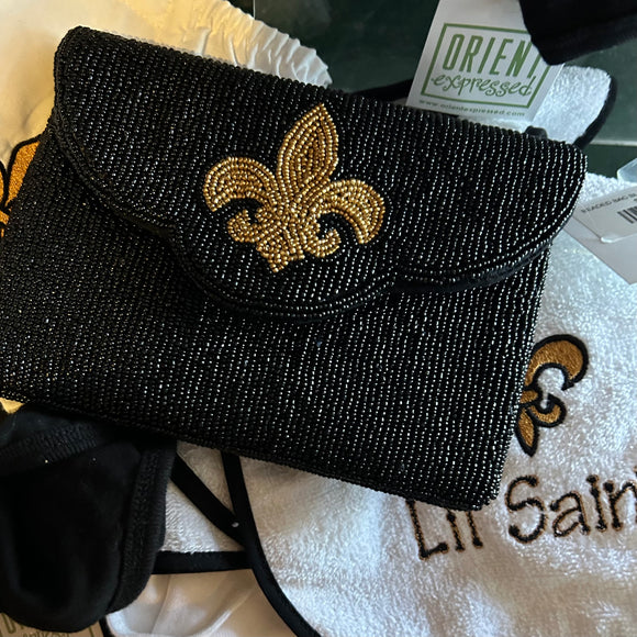 BEADED BAG BLACK FLEUR DE LIS