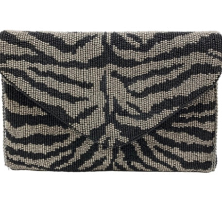 BEADED BLACK & SILVER HIDE PRINT CLUTCH