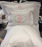 MONOGRAM 32" WHITE EURO SQUARE LARGE PILLOW LINEN FLANGE & INSERT