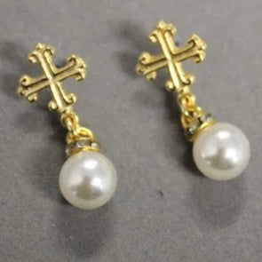 EARRINGS CROSS POST WITH SMALL PEARL
