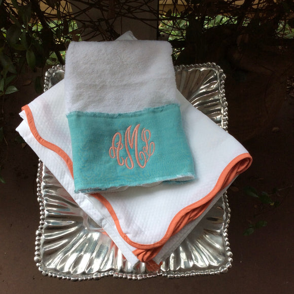 MONOGRAM TERRY HAND TOWEL TURQ COTTON BORDER