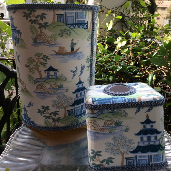 2PC SET CHINOISSERIE WASTE BASKET & TISSUE BOX