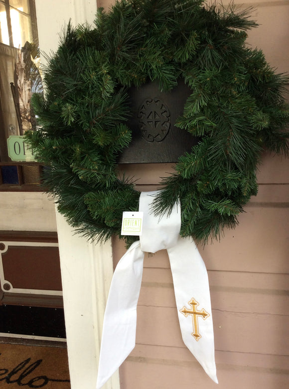 EMBROIDERED CROSS CANVAS WREATH SASH