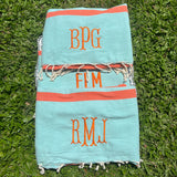 EMBROIDERED MONOGRAM TURKISH BEACH TOWEL AQUA & ORANGE