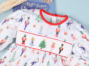 CHRISTMAS NUTCRACKER SMOCKED PRINT DRESS