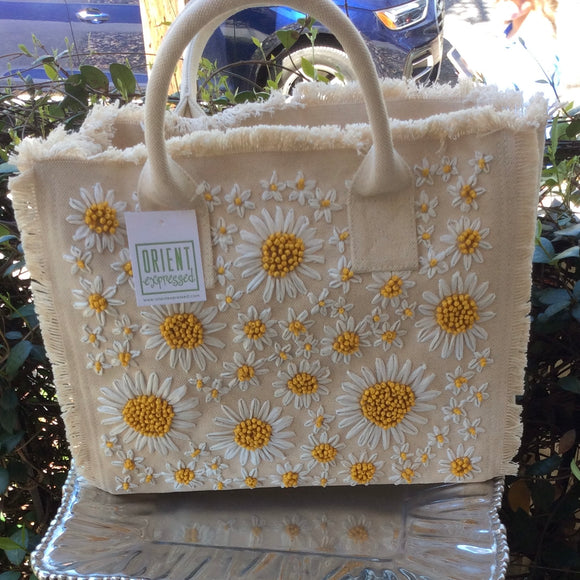 RAFFIA DAISY EMBROIDERED MINI TOTE